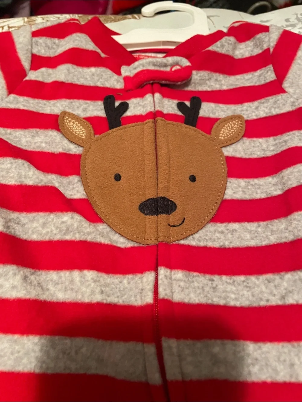Carter's Red & Gray Striped Reindeer Footed One-Piece 6 months